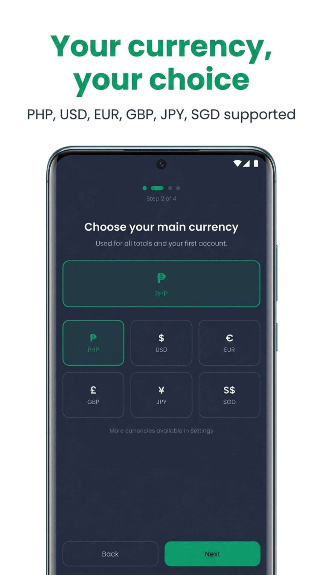 P1SO currency picker — PHP, USD, EUR, GBP, JPY, SGD supported