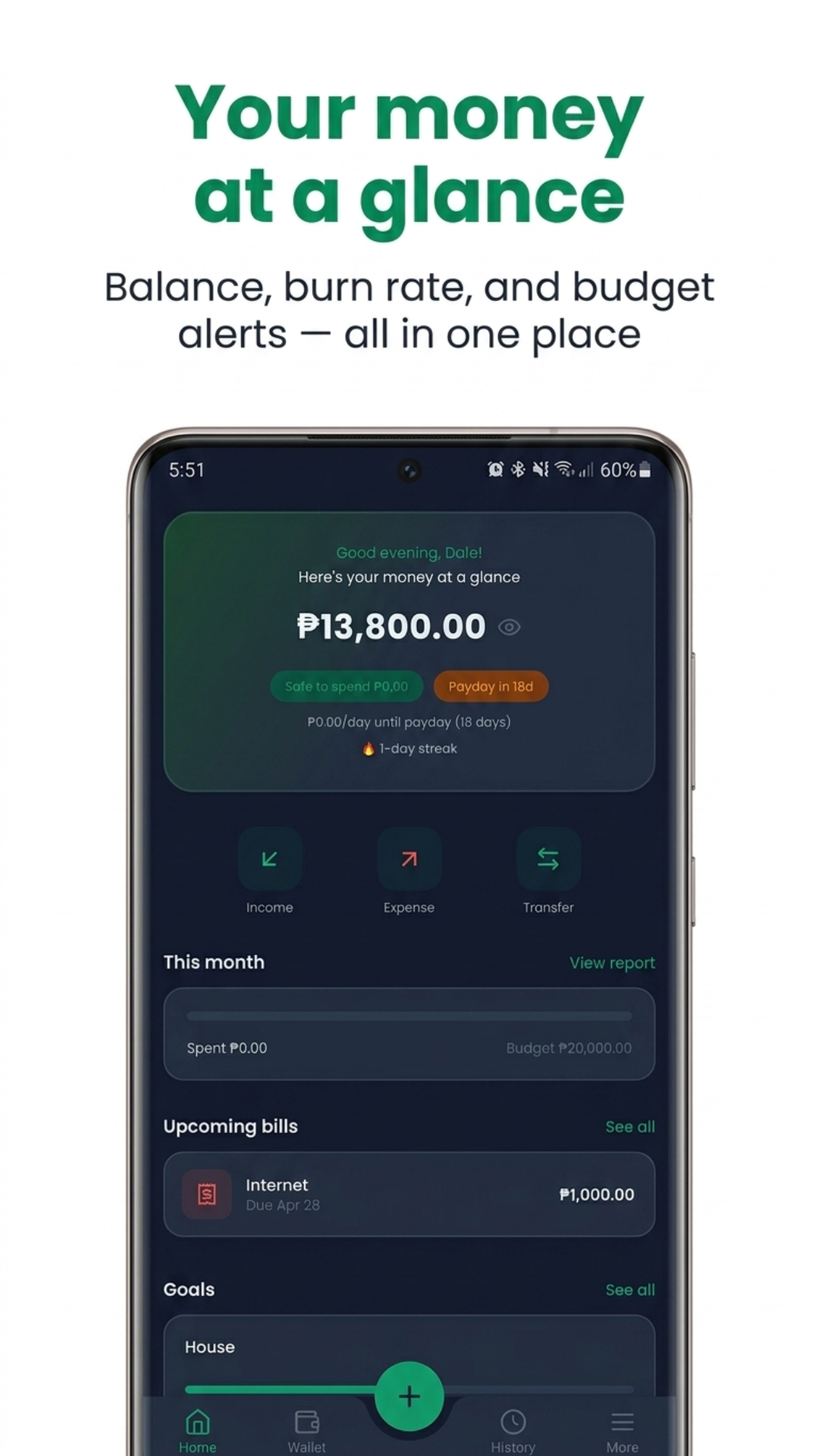 P1SO dashboard — balance, payday burn rate, and budget alerts at a glance