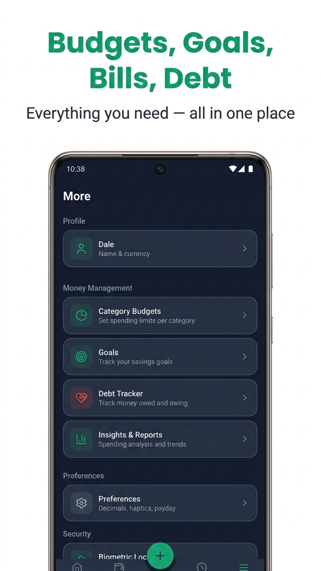 P1SO money management — budgets, goals, bills, and debt in one place
